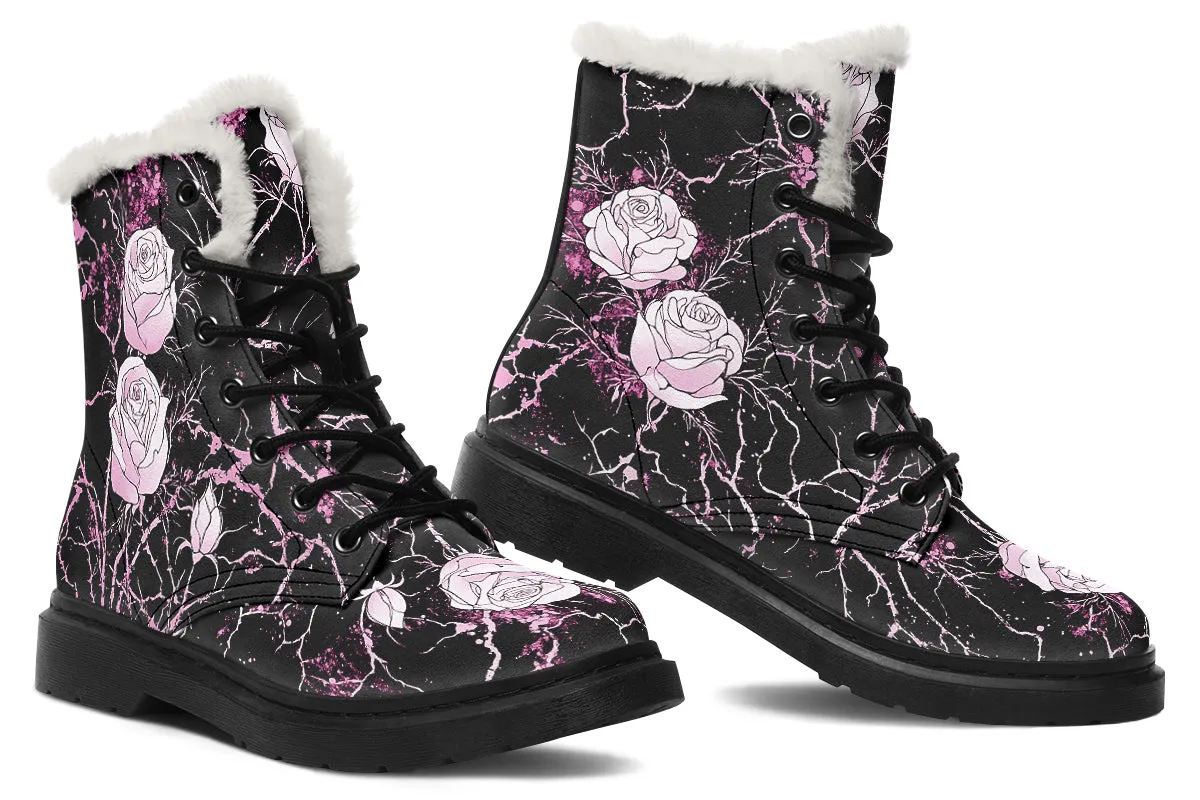 Amethyst Kintsugi Rose Winter Boots - Warm Micro-Suede Doc-Style Boots Lined with Vegan Wool