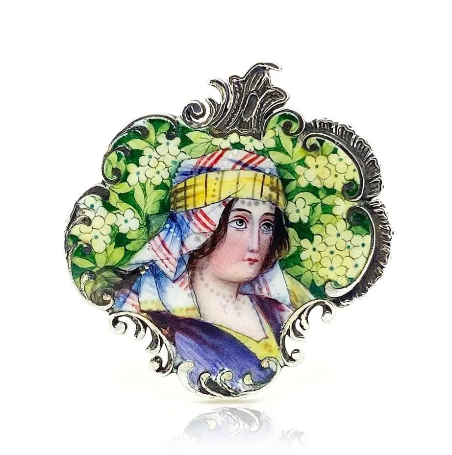 Art Nouveau Bohemian Enamel Lady Brooch