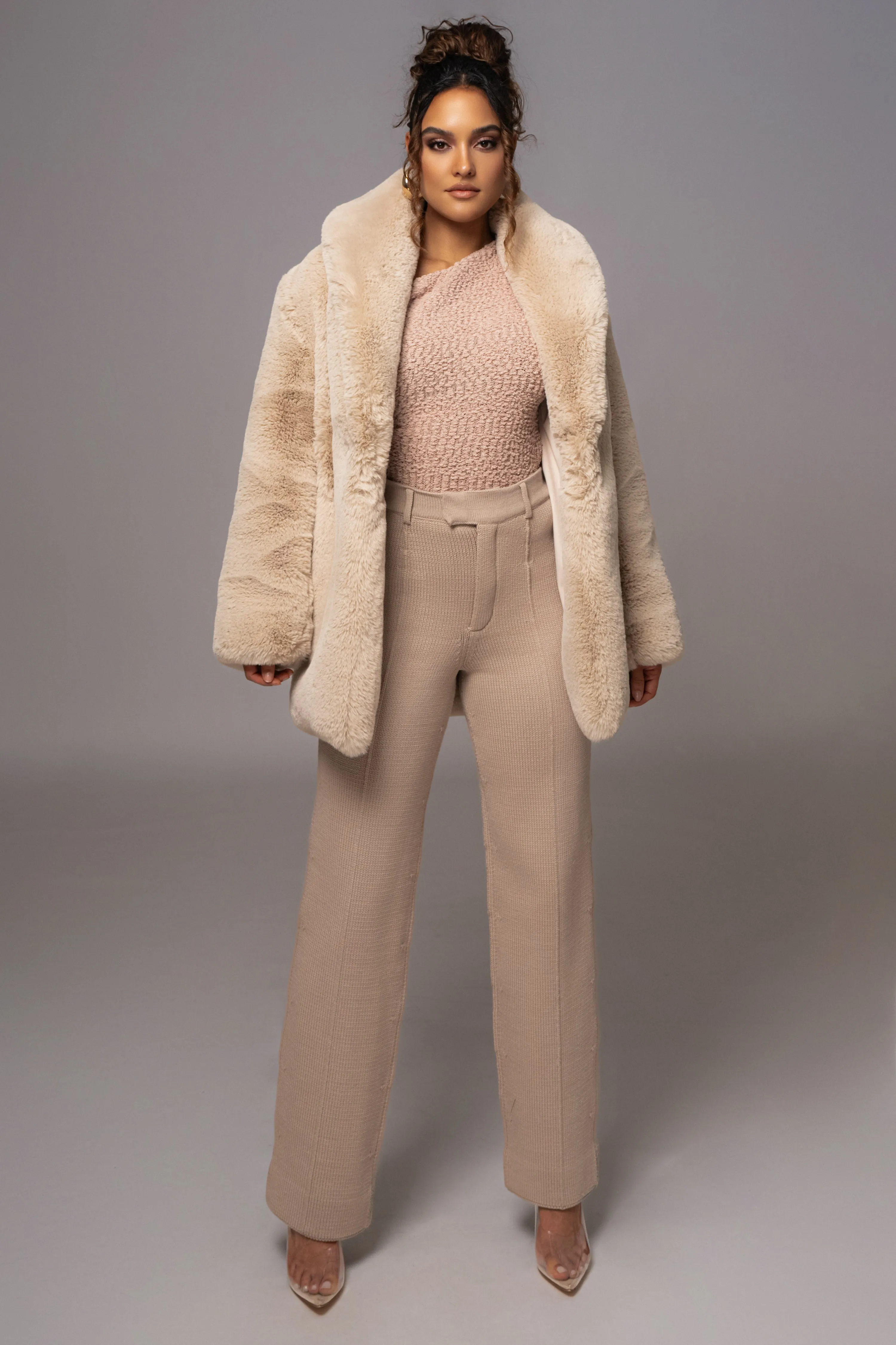 Beige Refined Faux Fur Oversized Coat