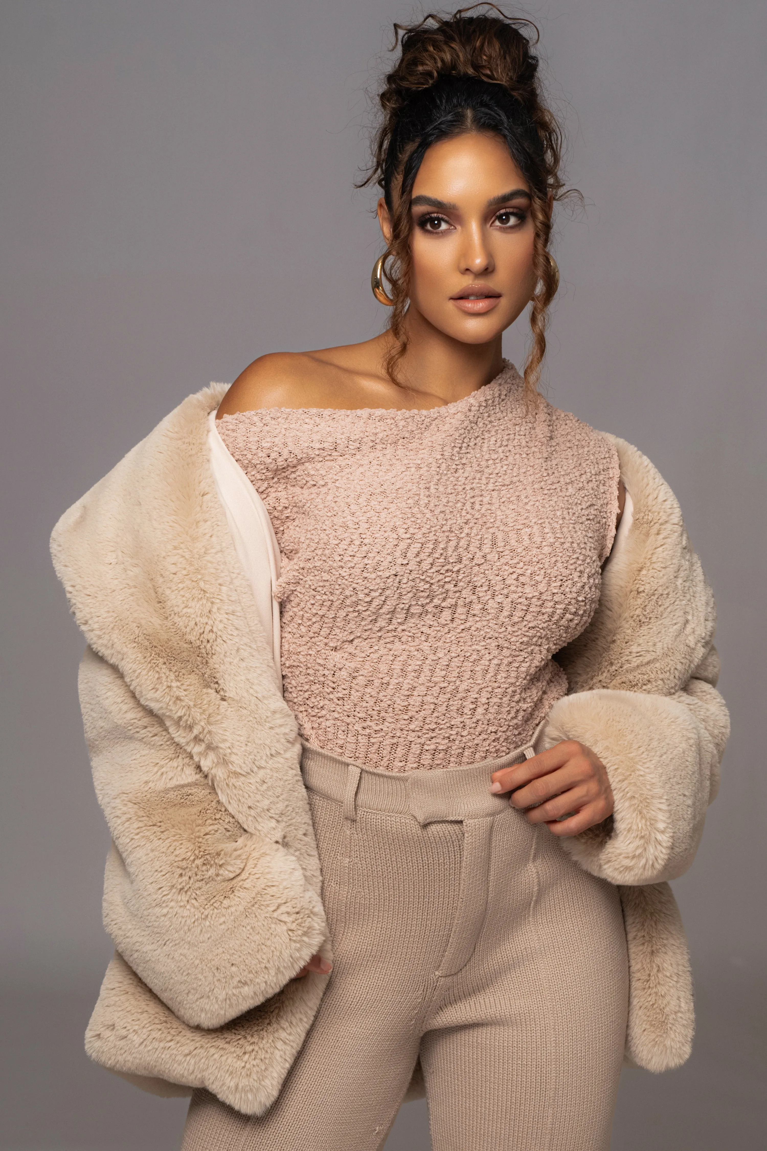 Beige Refined Faux Fur Oversized Coat