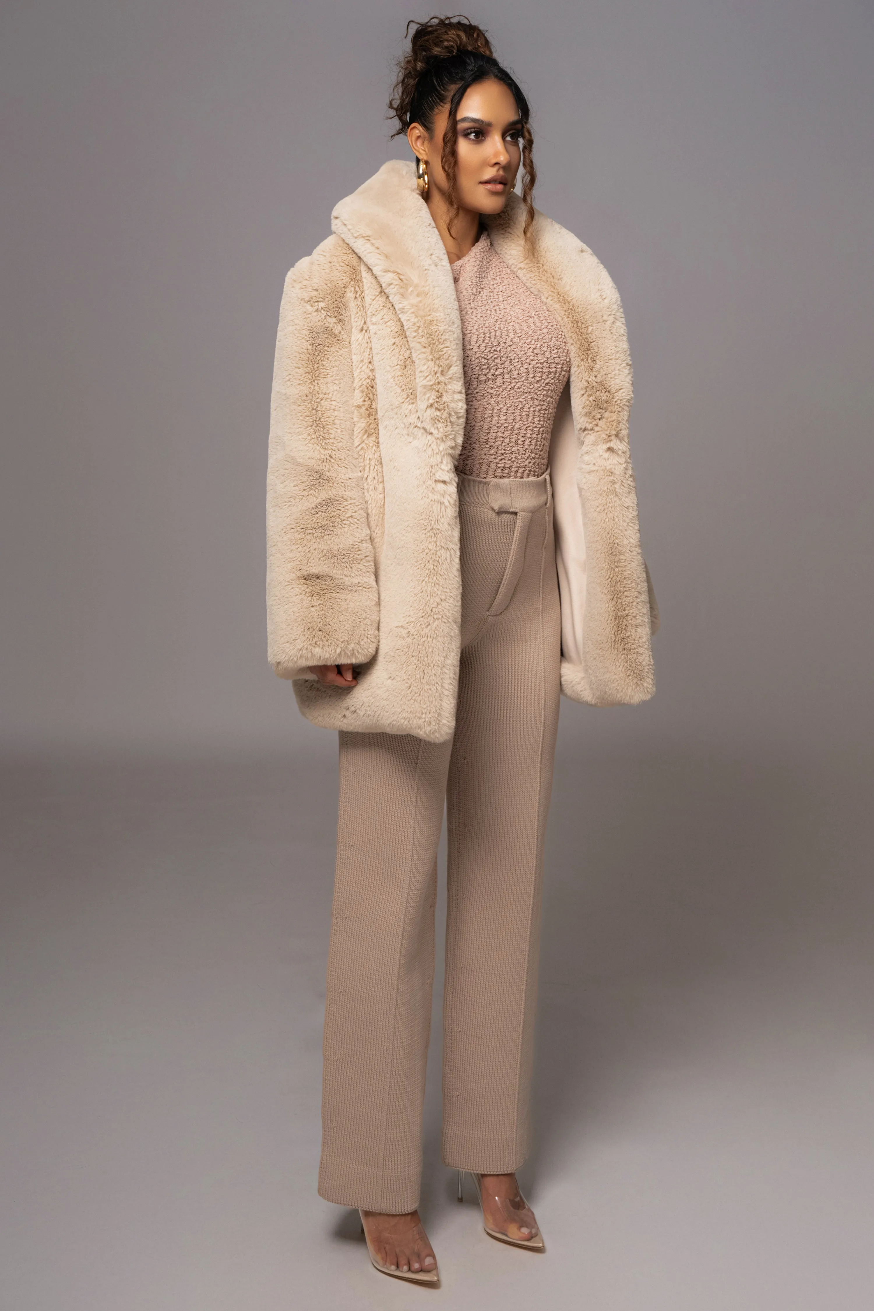 Beige Refined Faux Fur Oversized Coat