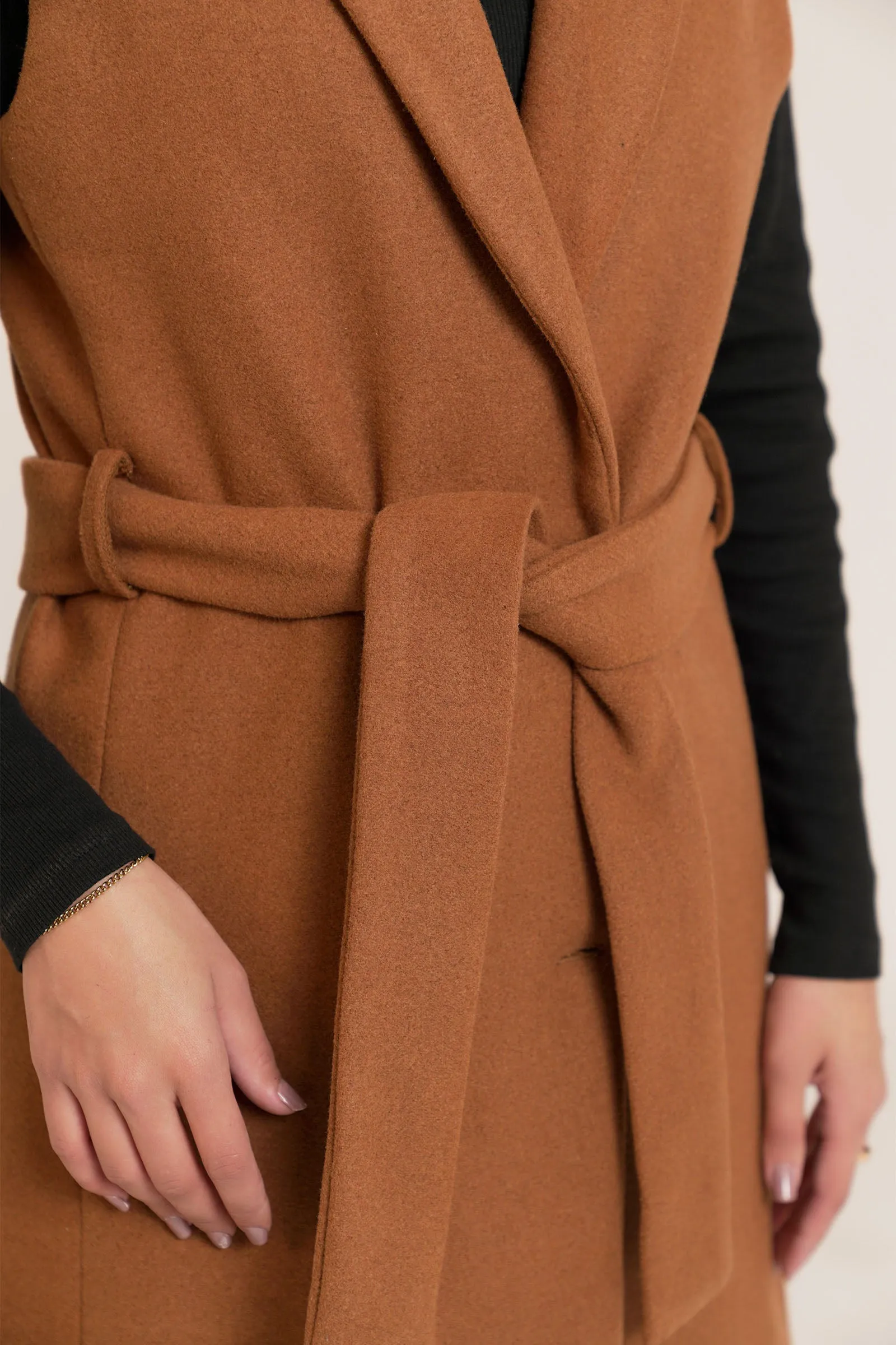 Belted Wool Blend Sleeveless Coat