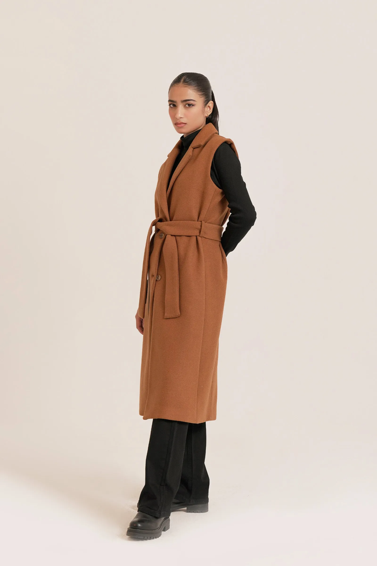 Belted Wool Blend Sleeveless Coat