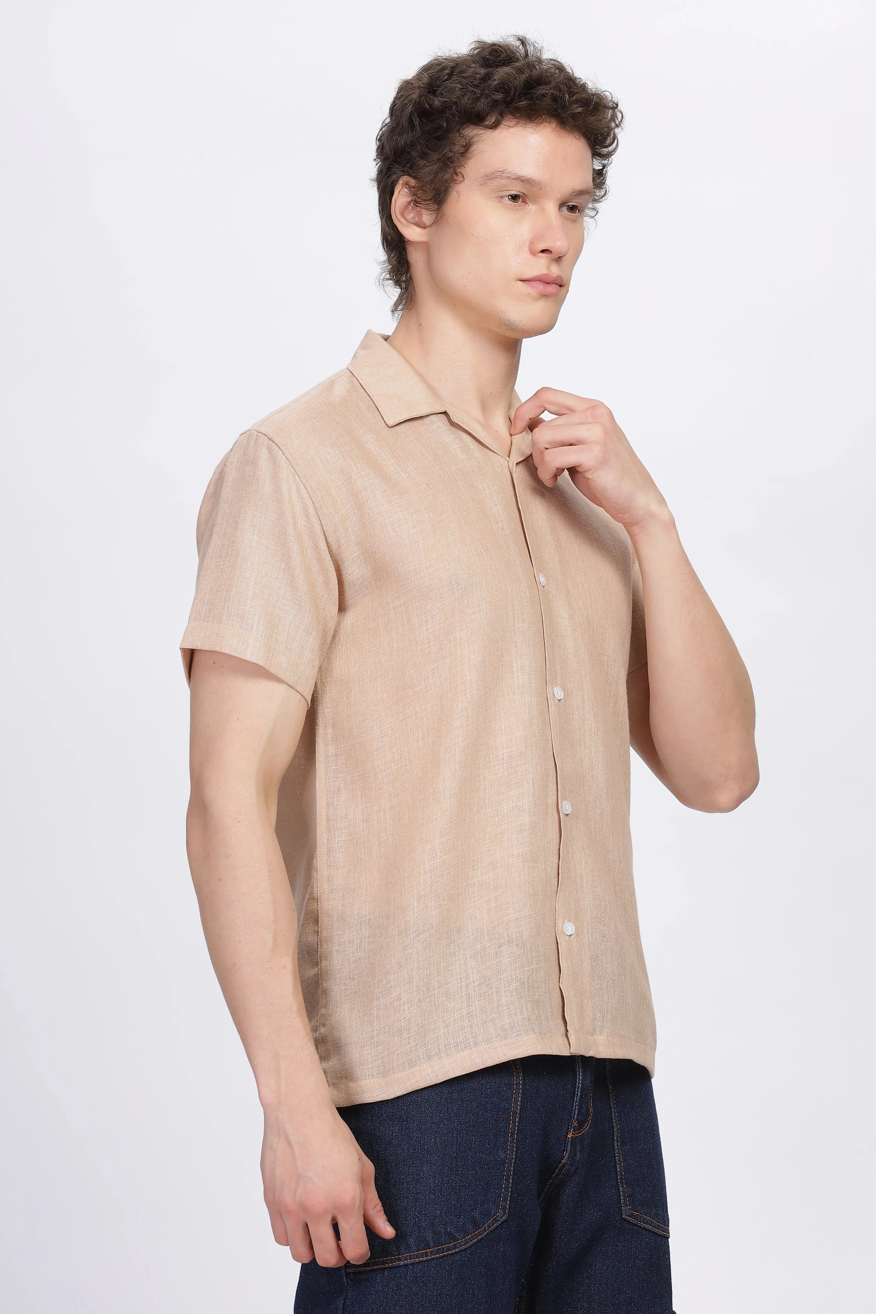 Biege half sleeve linen shirt for men