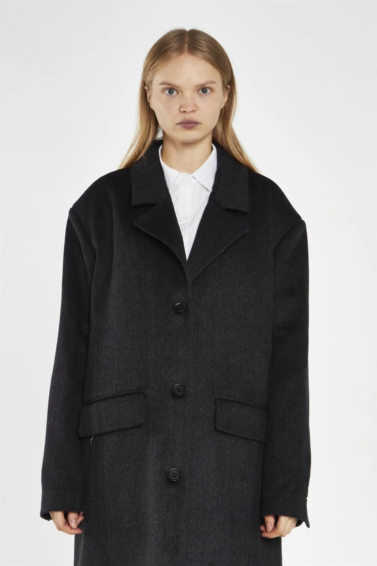 Black Herringbone Oversized Longline-Coat