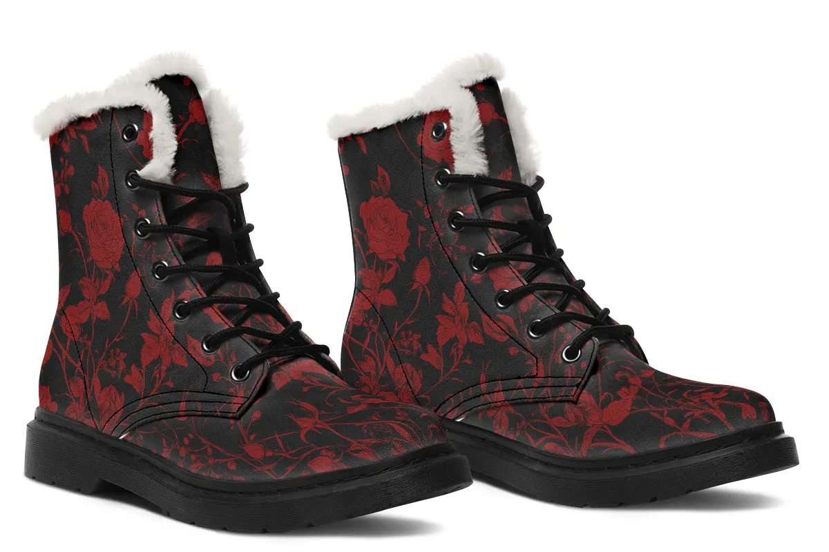 Blood Rose Romance Winter Boots - Warm Micro-Suede Doc-Style Boots Lined with Vegan Wool