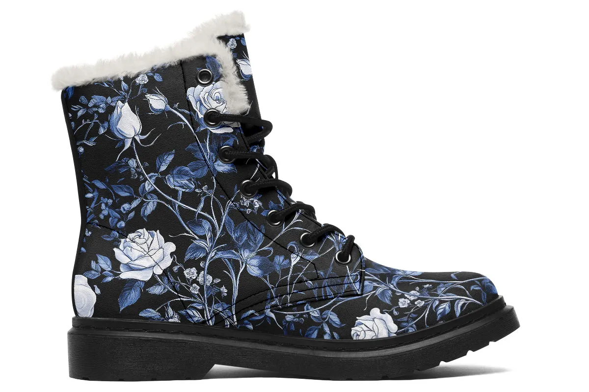 Blue Rose Romance Winter Boots - Warm Micro-Suede Doc-Style Boots Lined with Vegan Wool