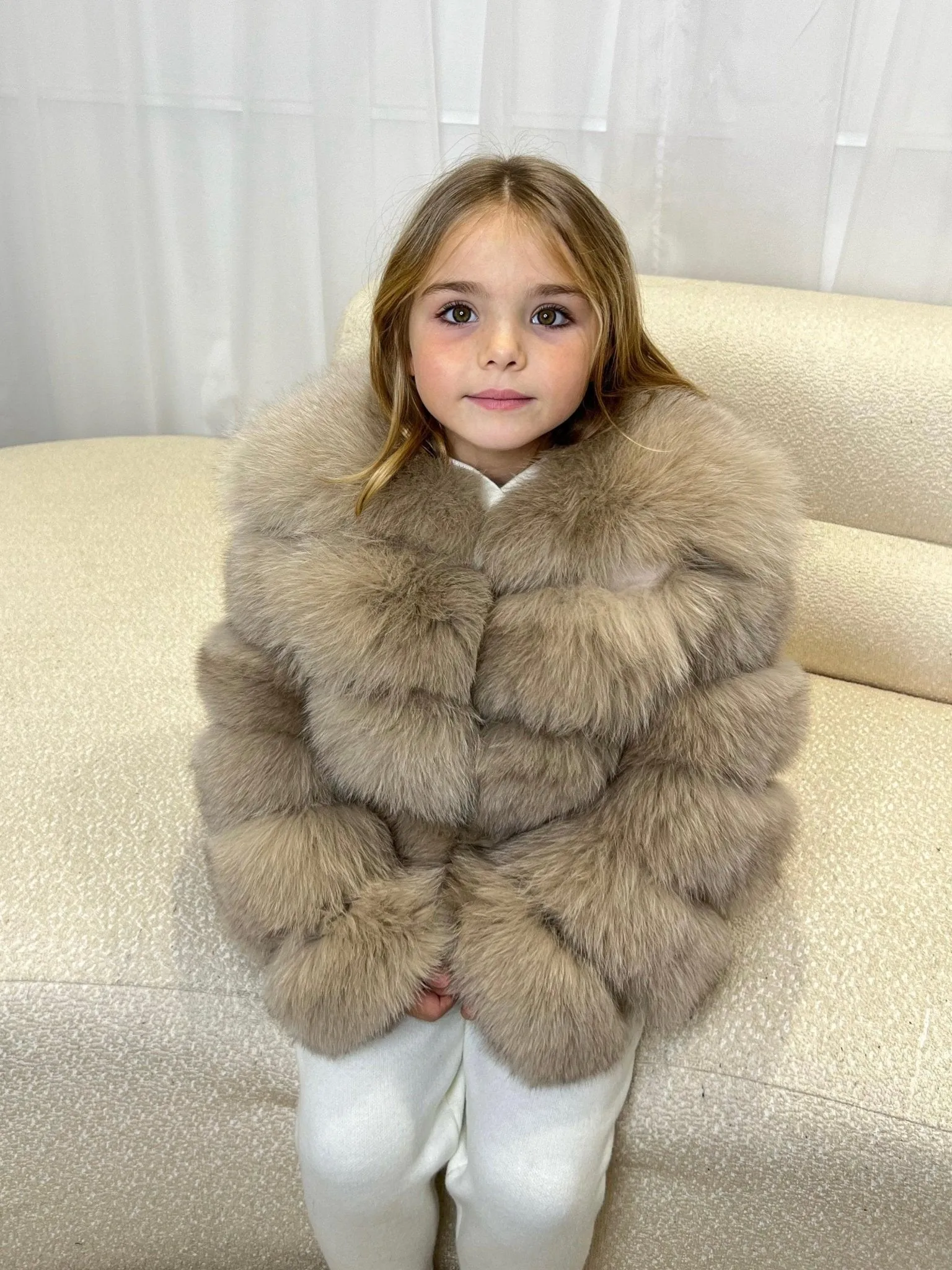 Childrens Dark Beige Luxury Fur Coat