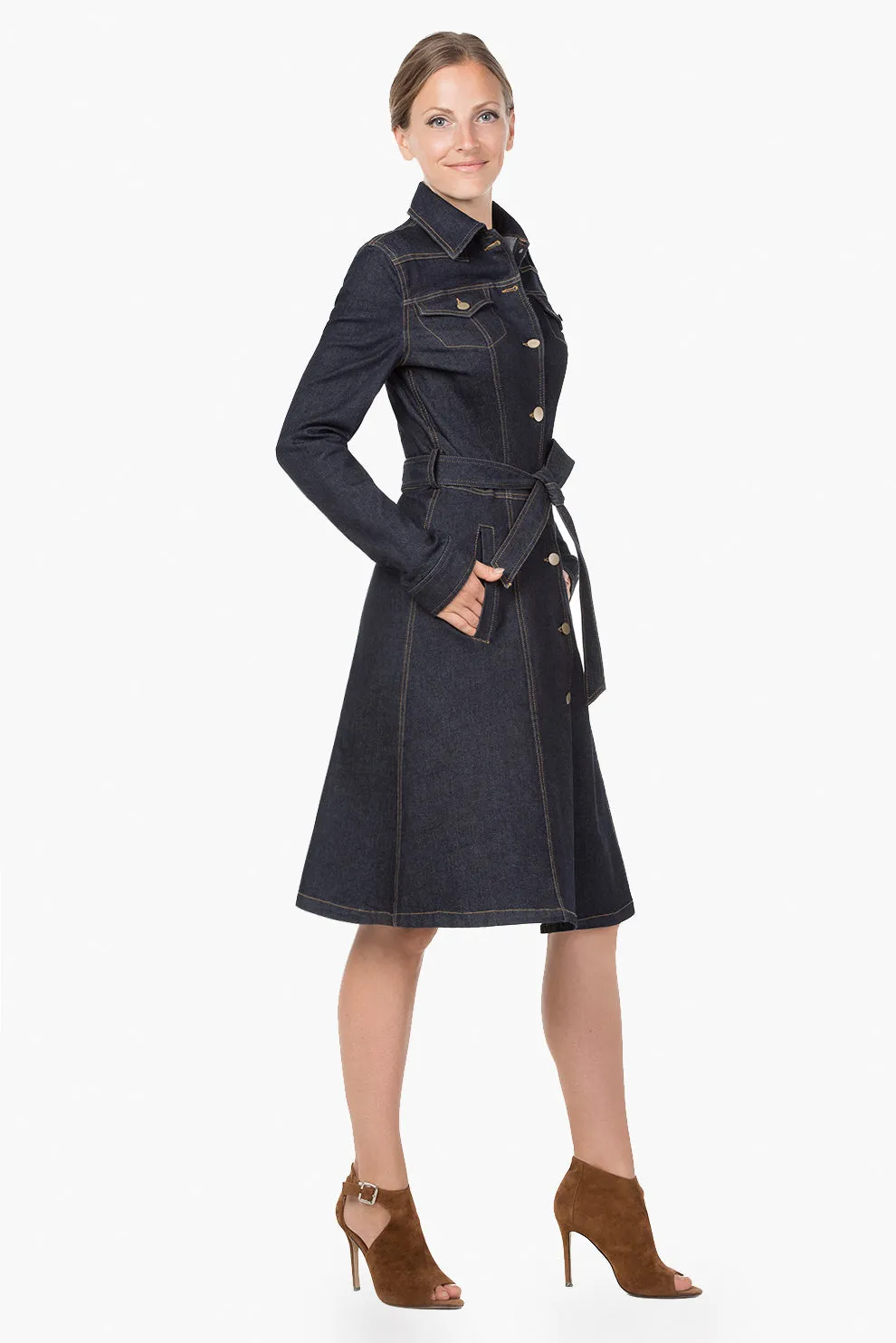 Classic  Stretched Denim Dress-Coat.