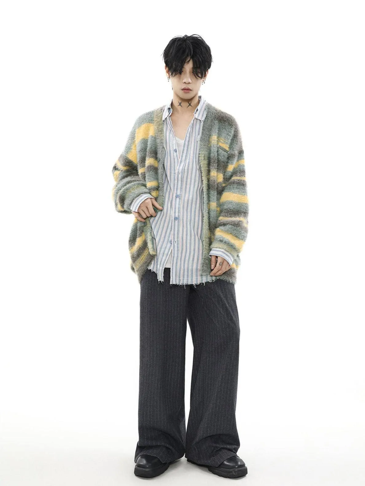 Cozy Gradient Stripes Metal Bar Cardigan