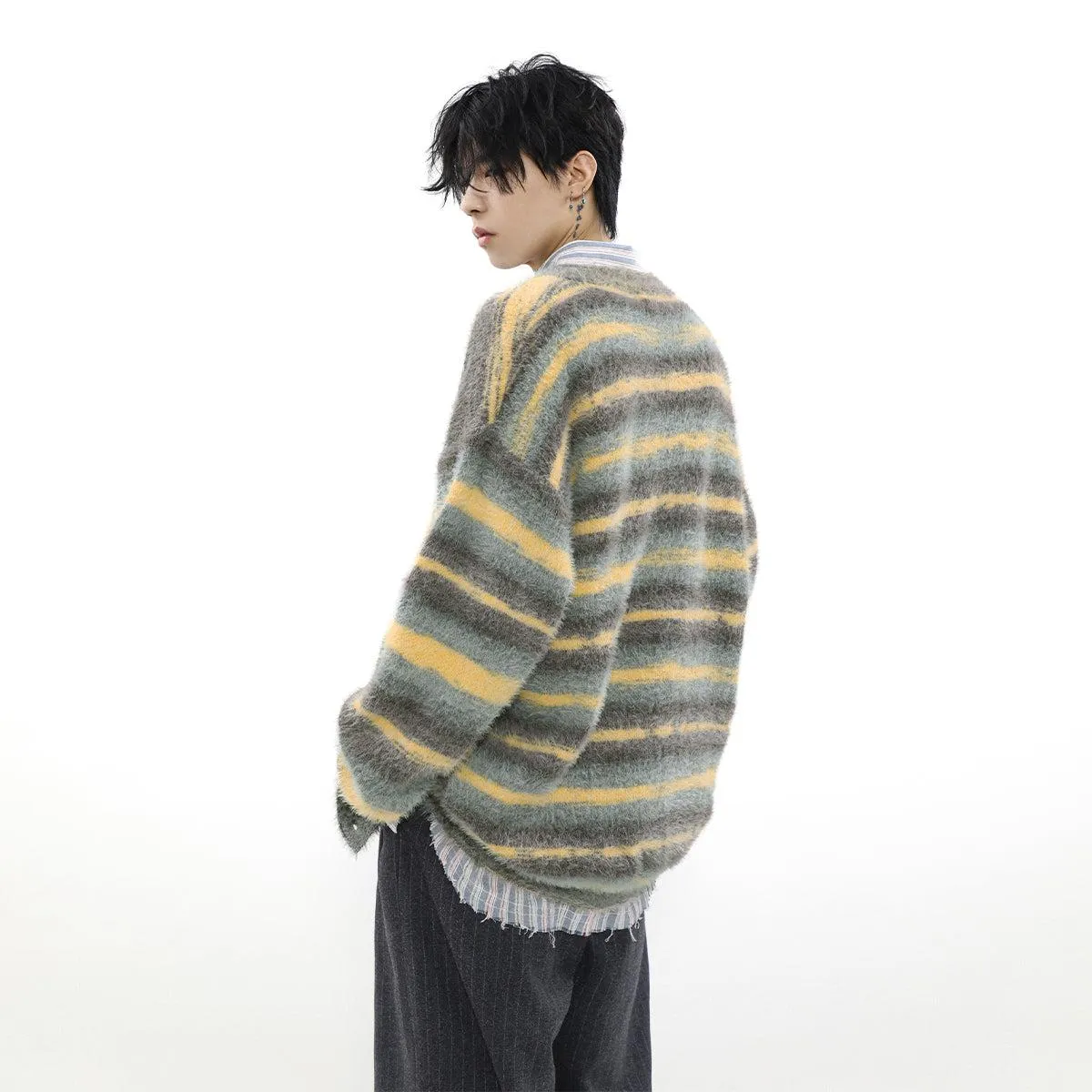 Cozy Gradient Stripes Metal Bar Cardigan