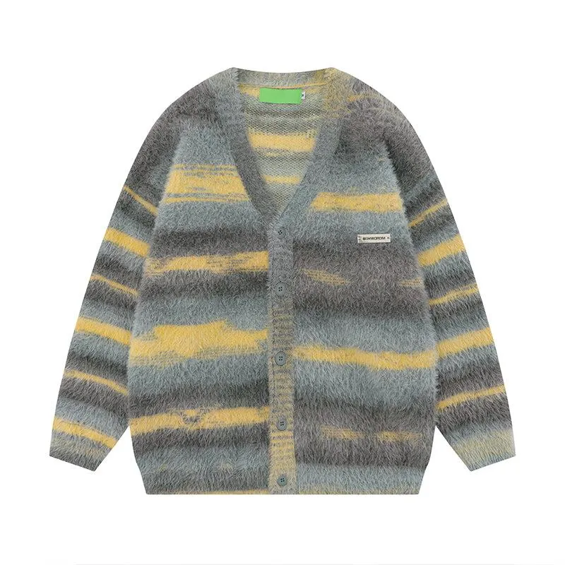 Cozy Gradient Stripes Metal Bar Cardigan