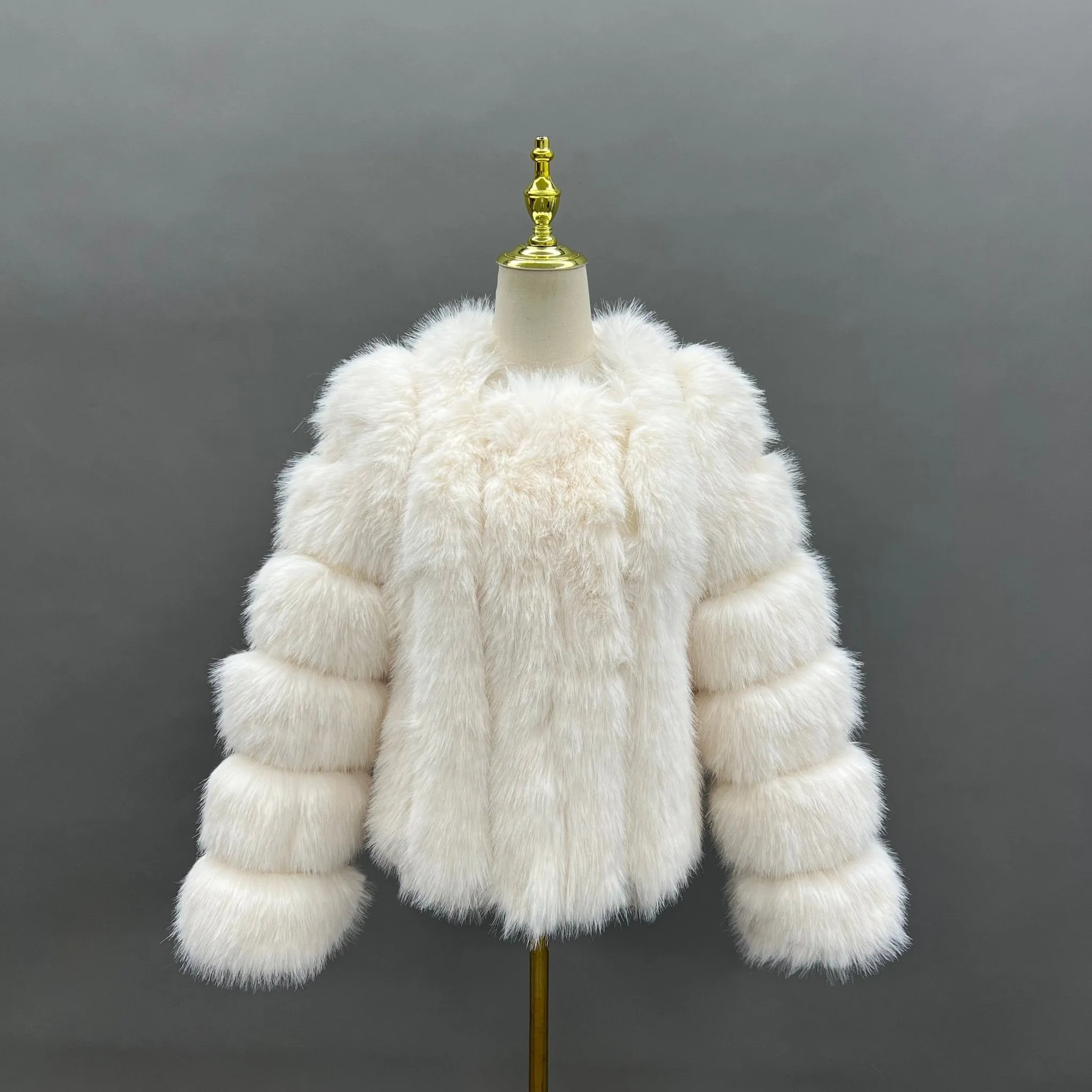 Cream Vertical Design Faux Fur Coat