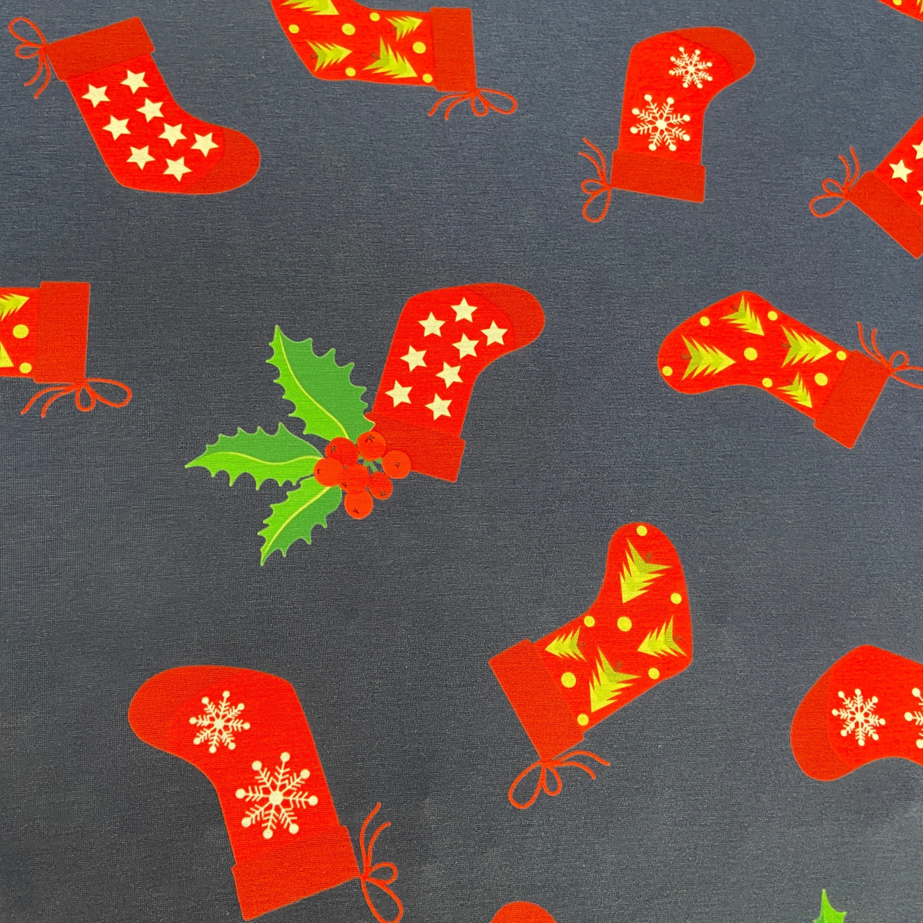 FS779 Christmas Stockings Spun Polyester Jersey Knit Stretch Fabric Navy