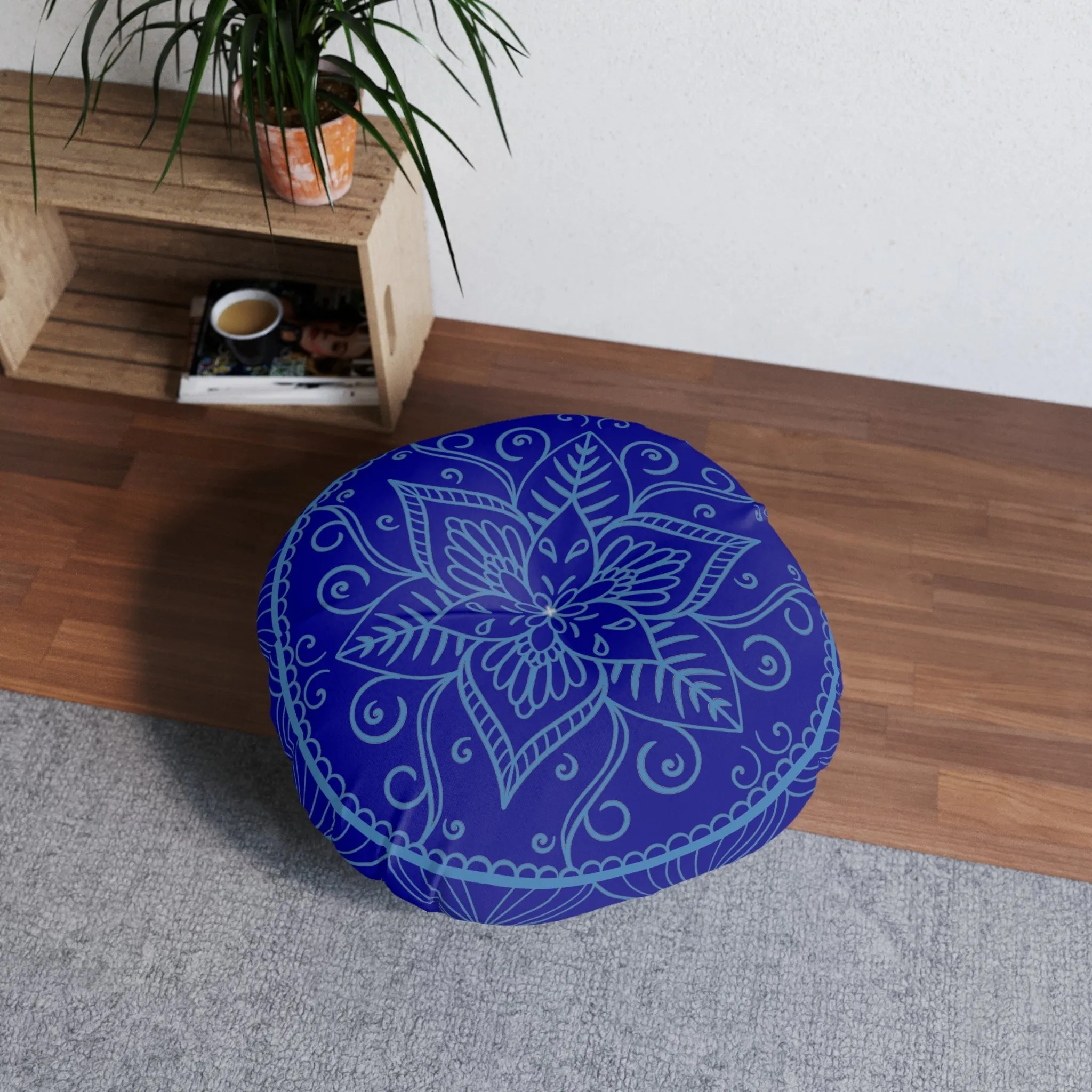 Handmade Mandala Art Floor Cushion - Steel Blue Mandala Art Cozy Tuft