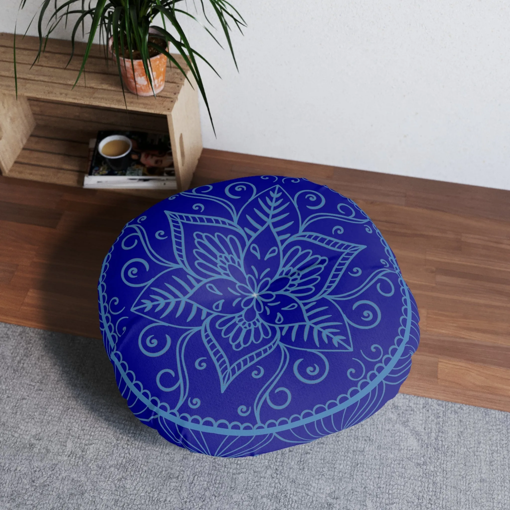 Handmade Mandala Art Floor Cushion - Steel Blue Mandala Art Cozy Tuft