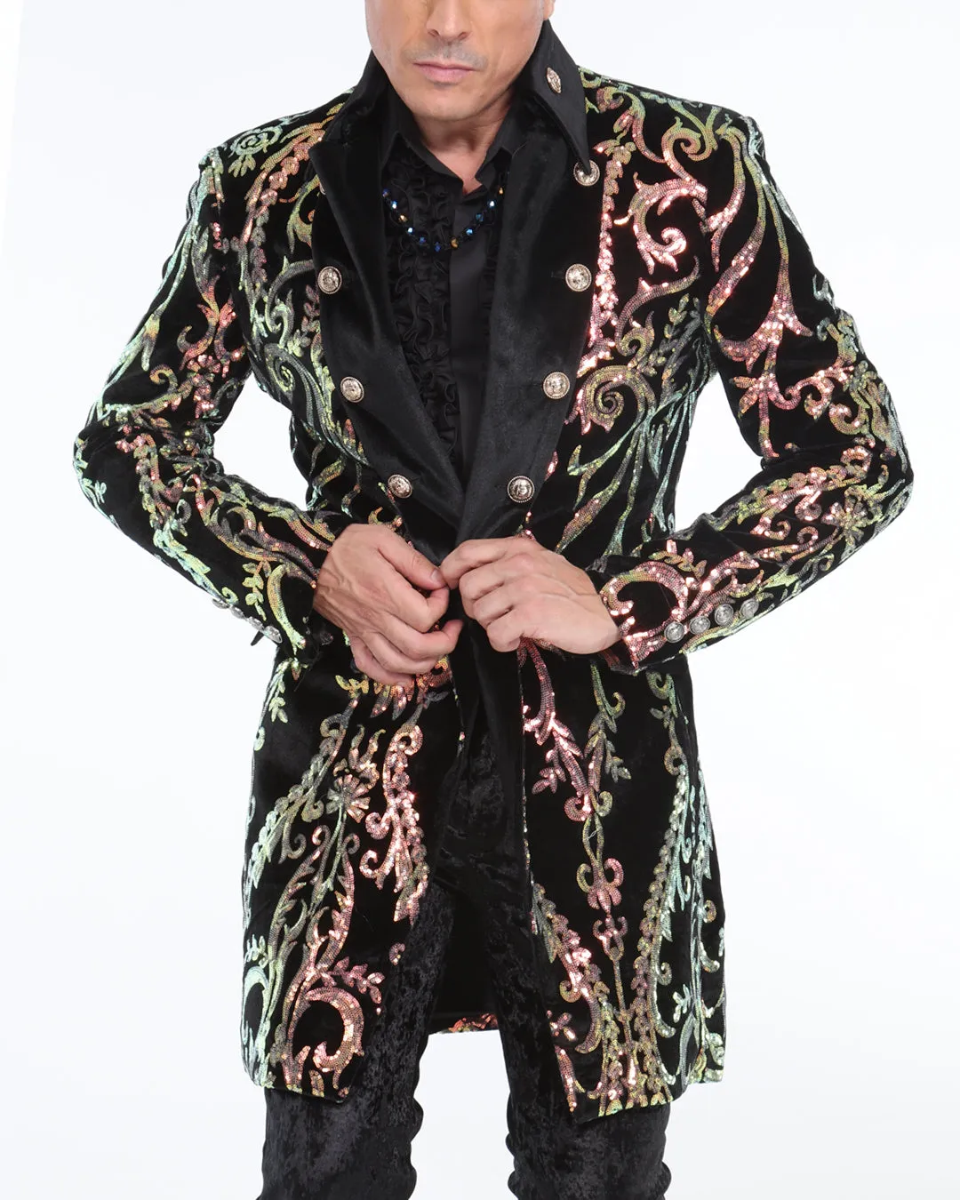 long sequin coat for men, victorian gold