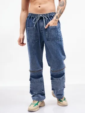 Men Blue Front Zipper Baggy Fit Jeans