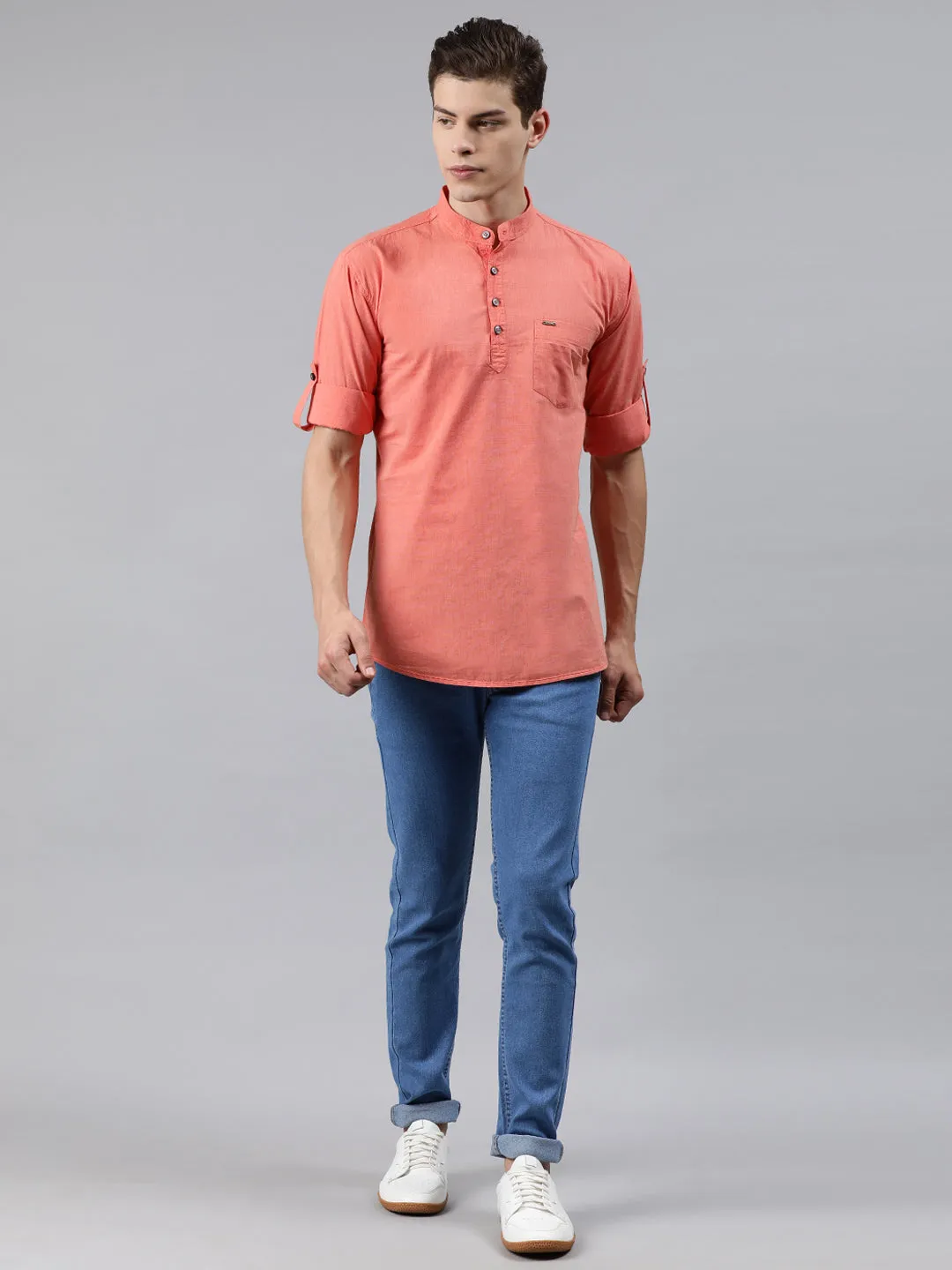 Men Orange Slim Fit Solid Casual Shirt