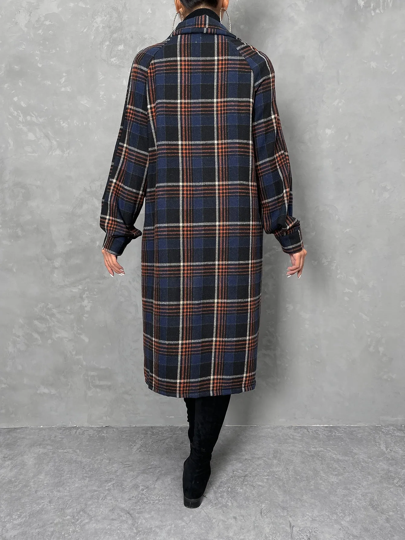 Plaid Print Flap Pocket Drop Shoulder Coat