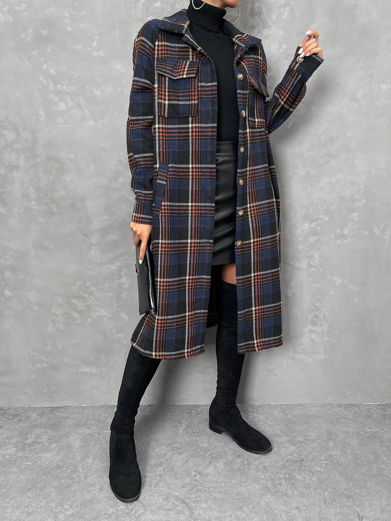 Plaid Print Flap Pocket Drop Shoulder Coat