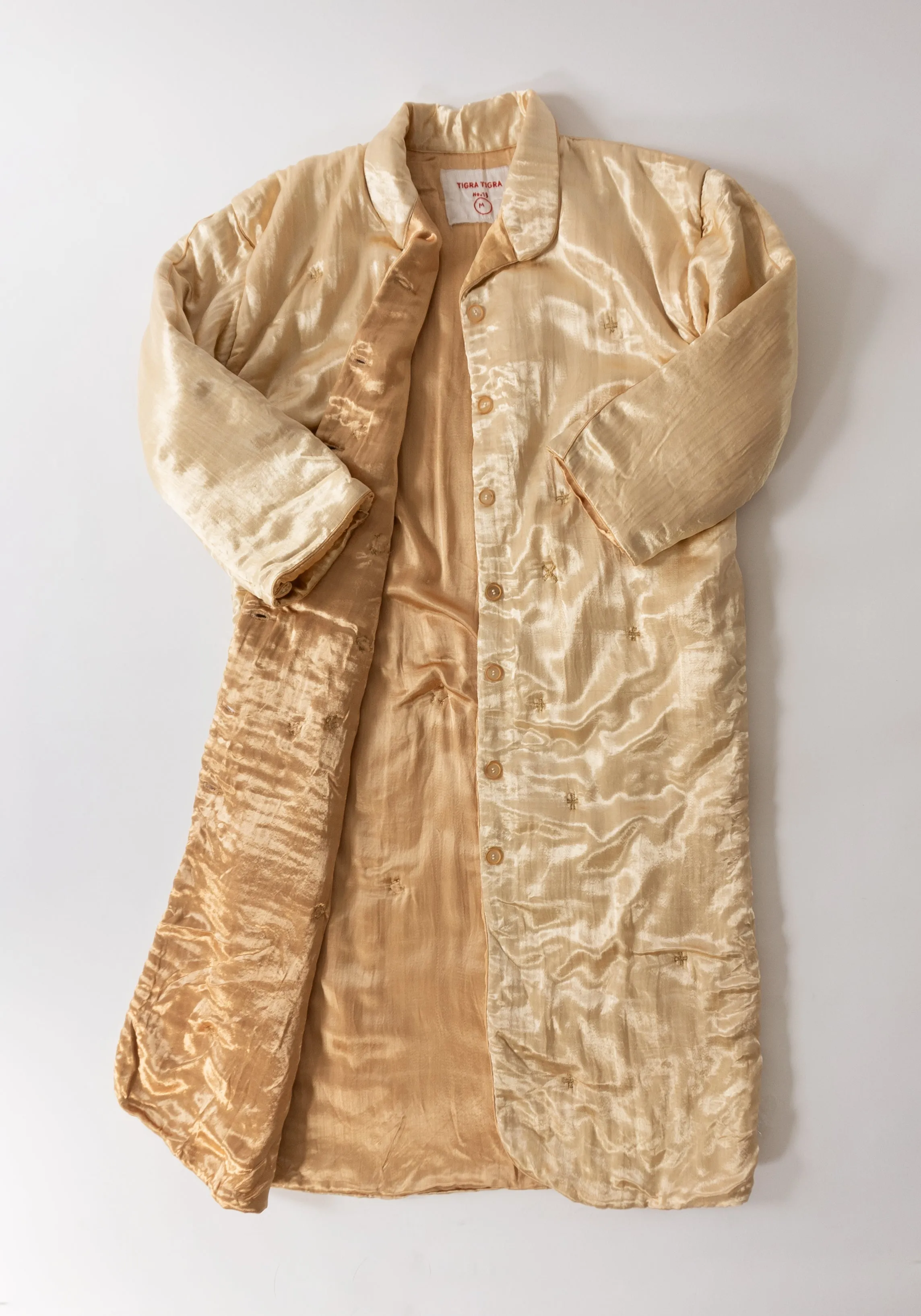 Puffy Silk Long Coat in Pale Yellow