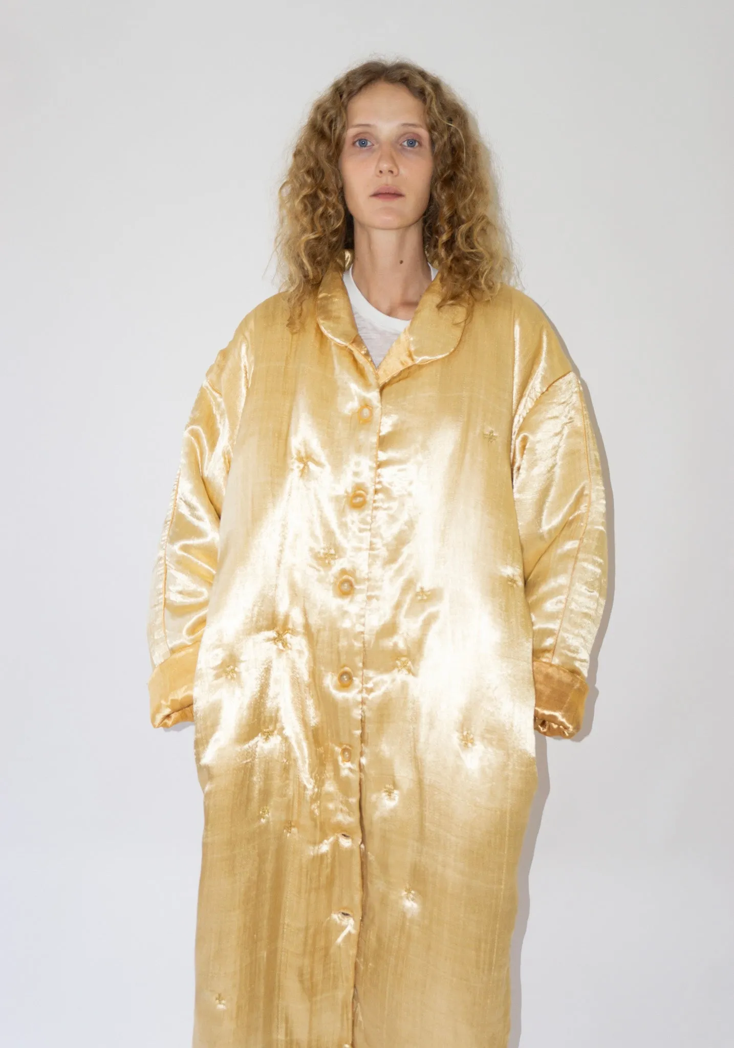 Puffy Silk Long Coat in Pale Yellow