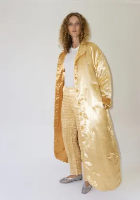 Puffy Silk Long Coat in Pale Yellow