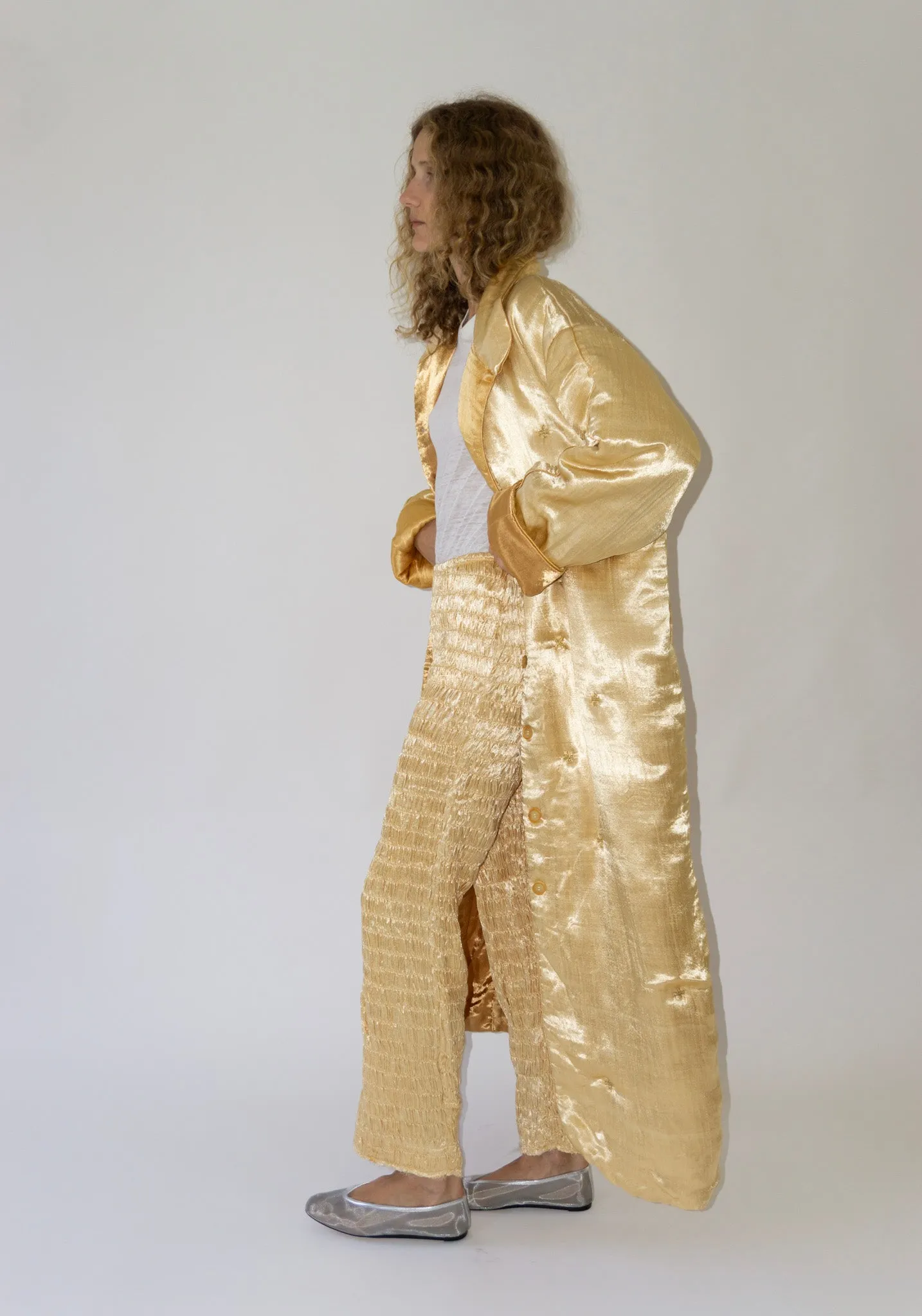 Puffy Silk Long Coat in Pale Yellow