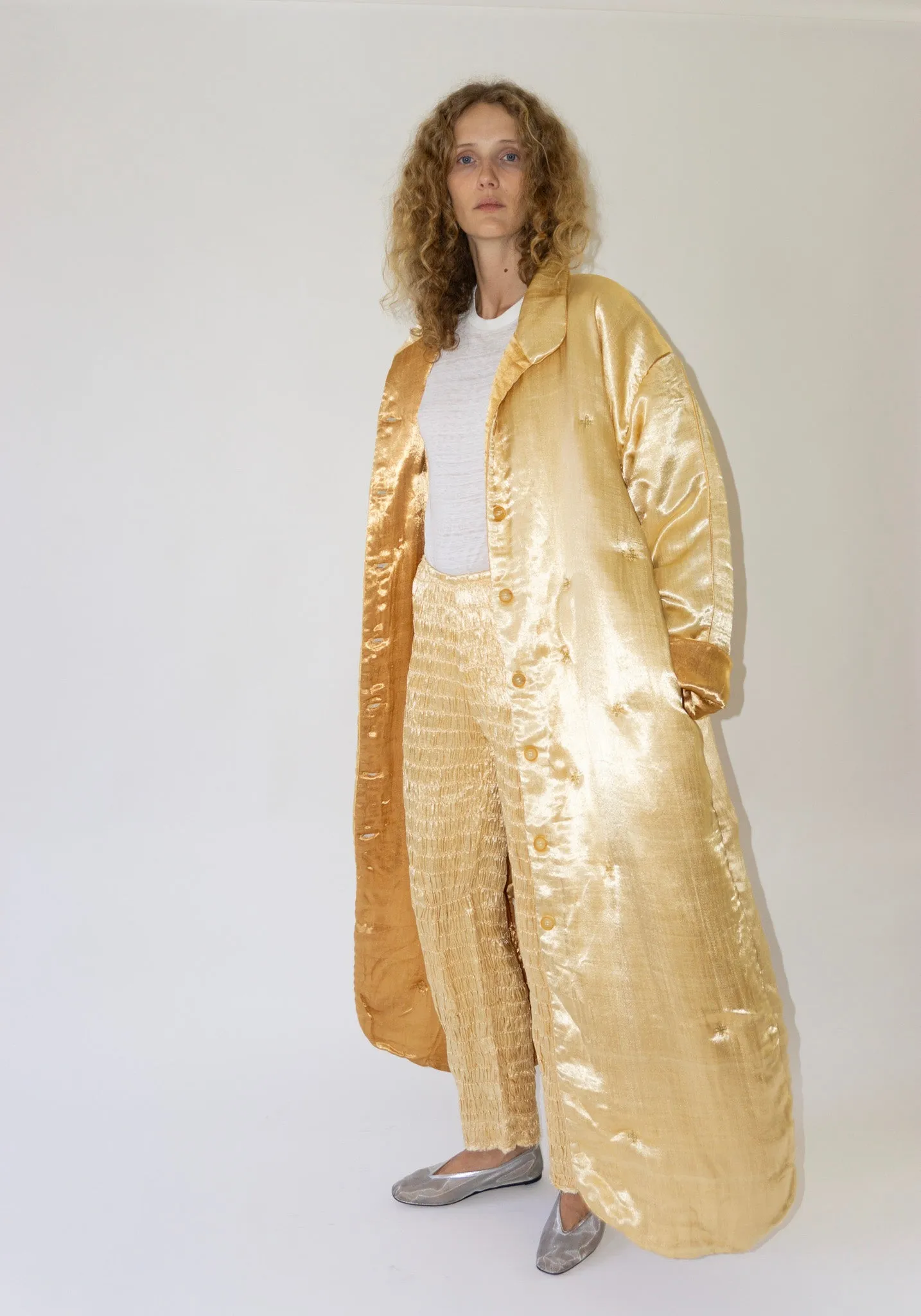 Puffy Silk Long Coat in Pale Yellow