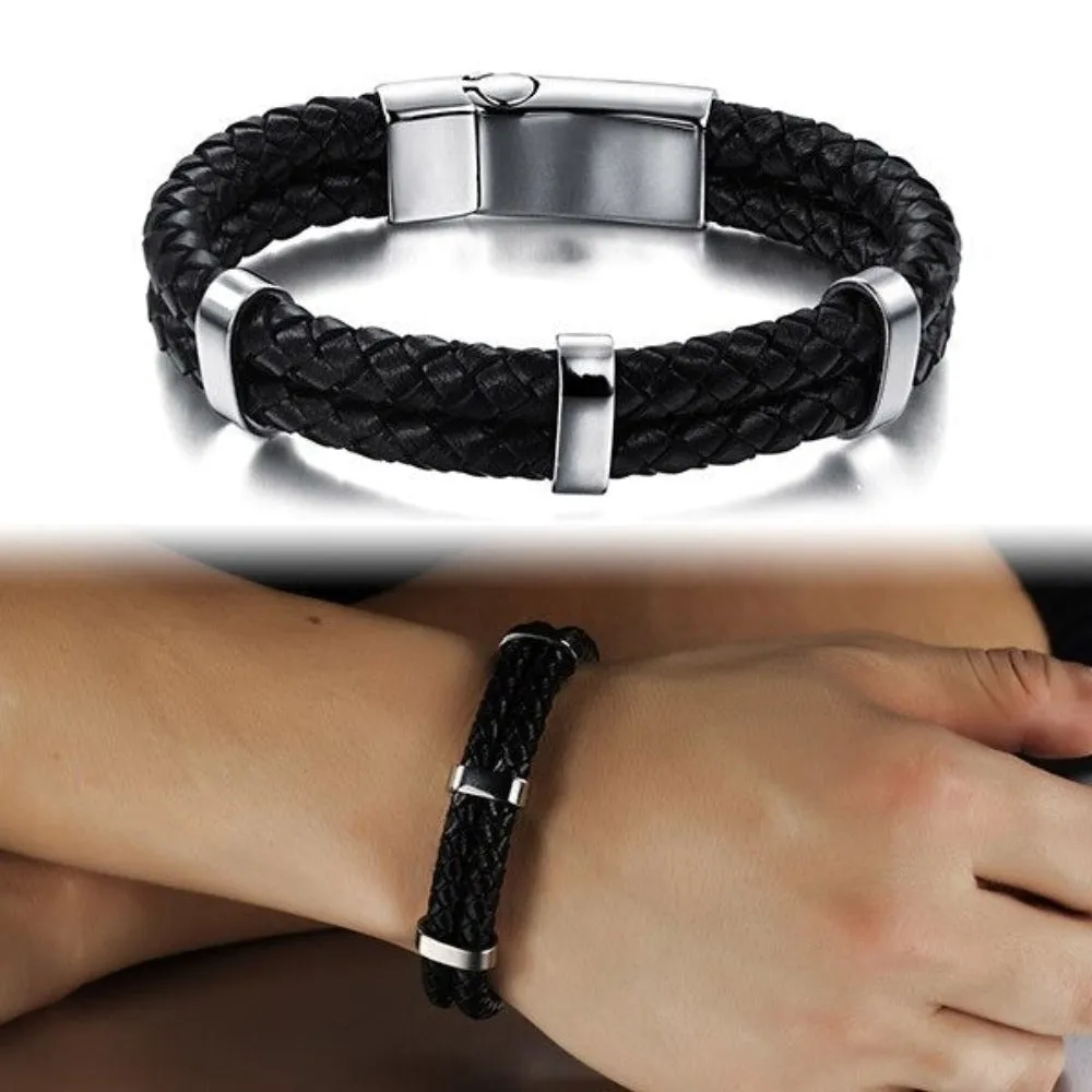 Stainless Steel Men Bracelet Genuine Leather