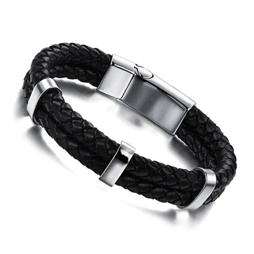 Stainless Steel Men Bracelet Genuine Leather