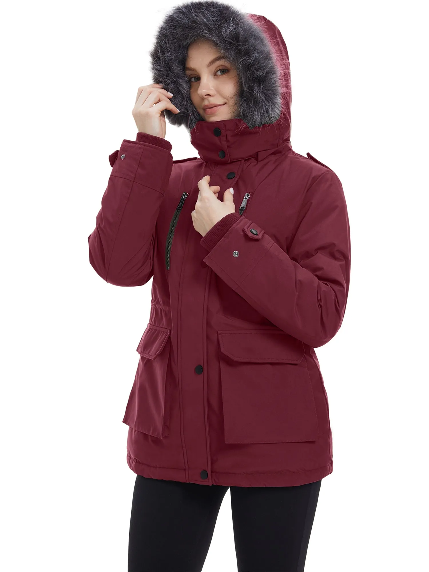 Wantdo Women's Waterproof Jacket Insulated Winter Coat Winter Puffer Coat with Removable Faux Fur Hood