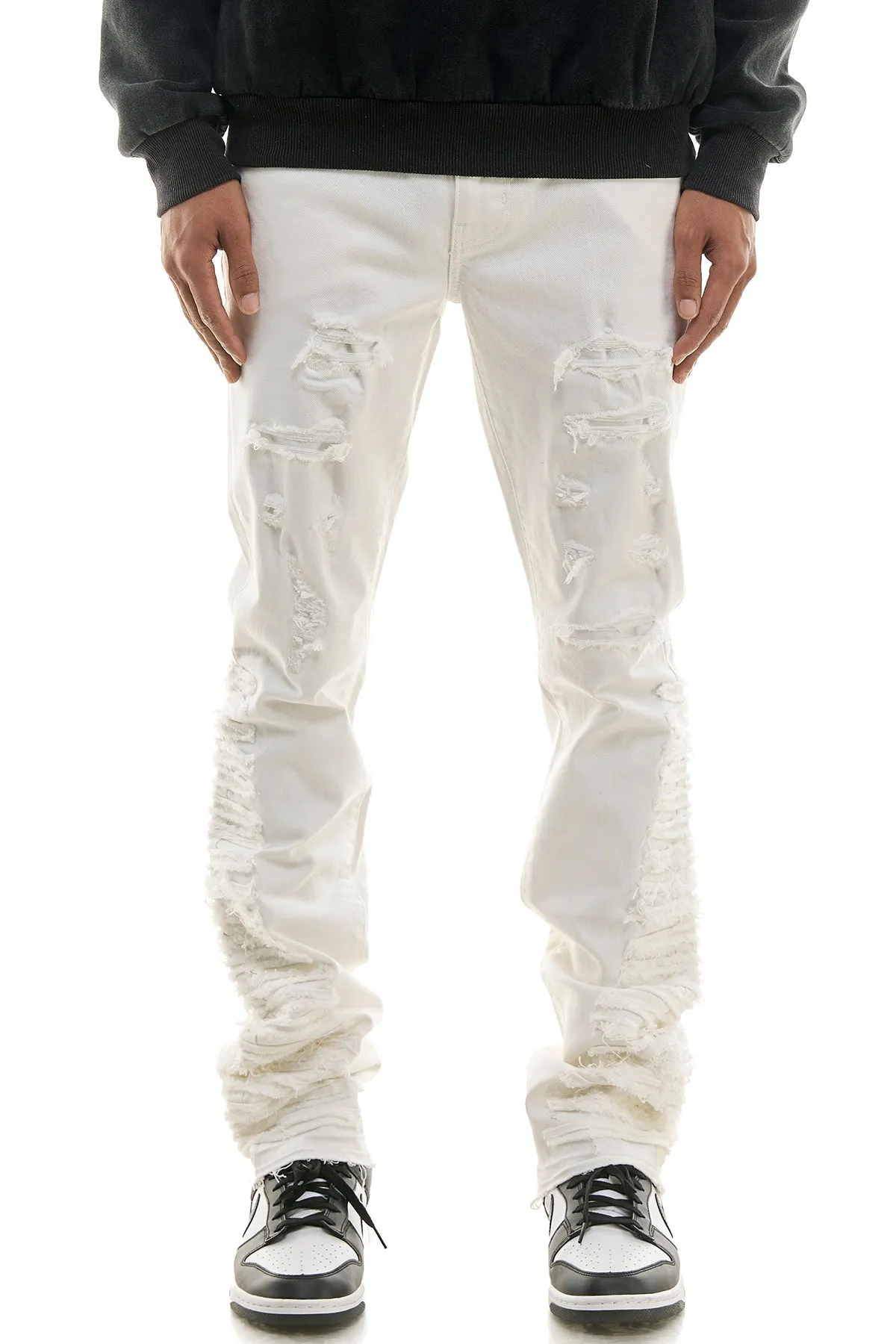 White Men Stacked Pants in Stretch Twill