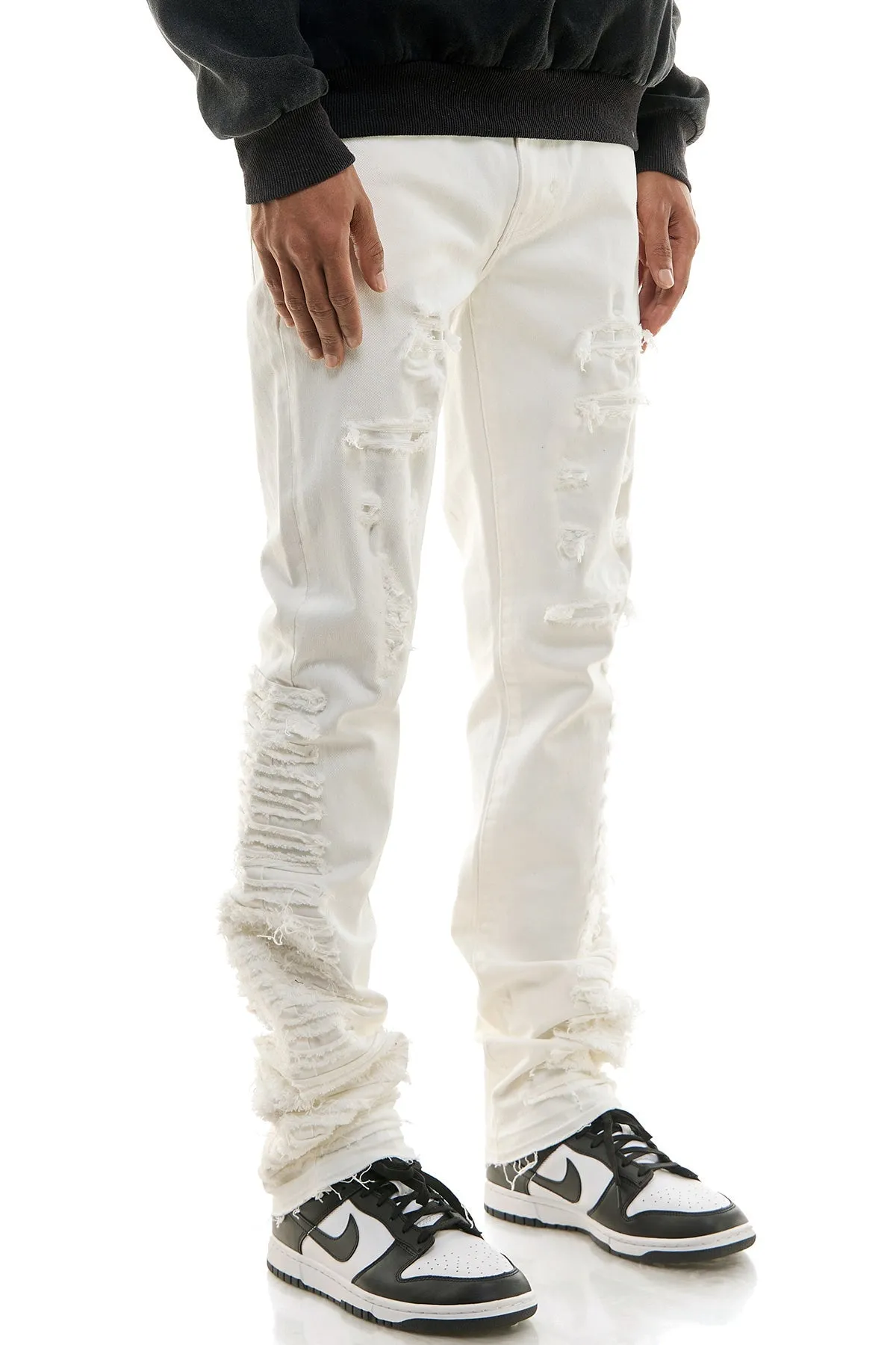 White Men Stacked Pants in Stretch Twill