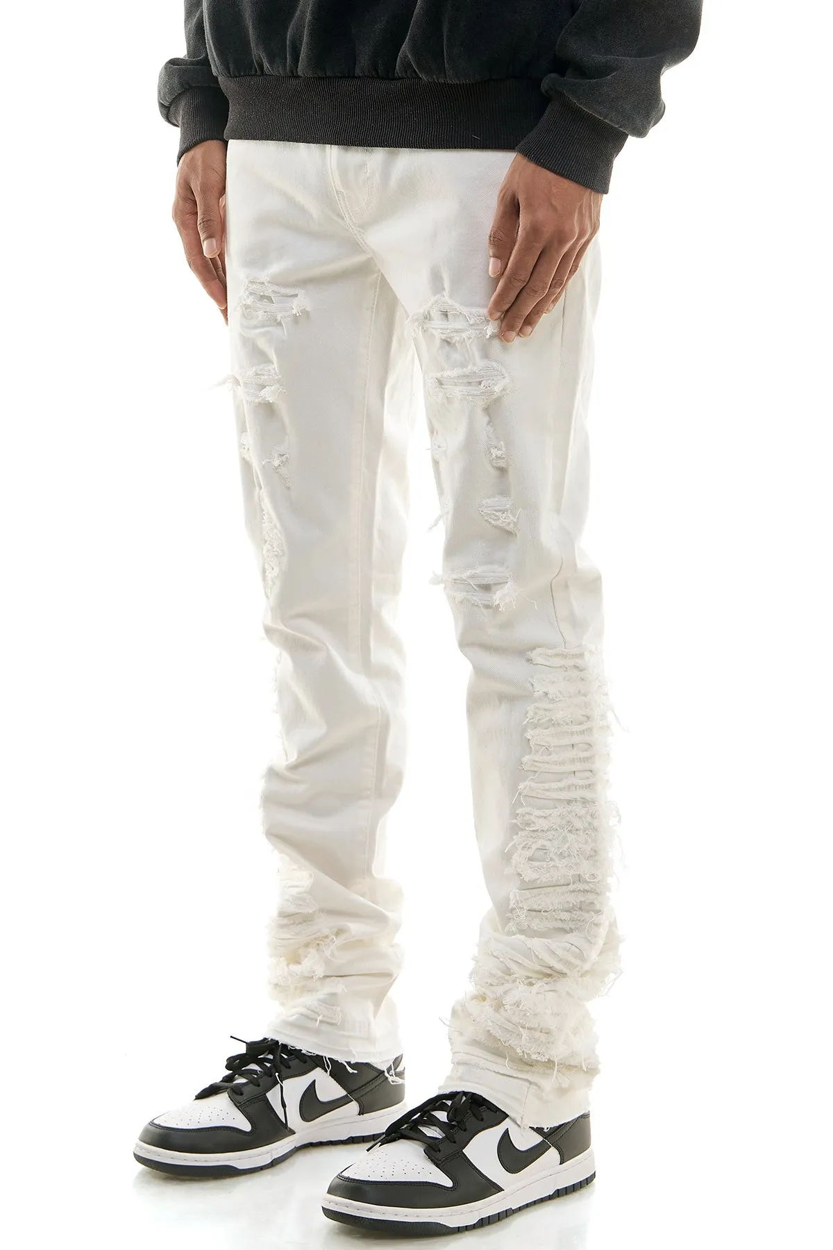 White Men Stacked Pants in Stretch Twill